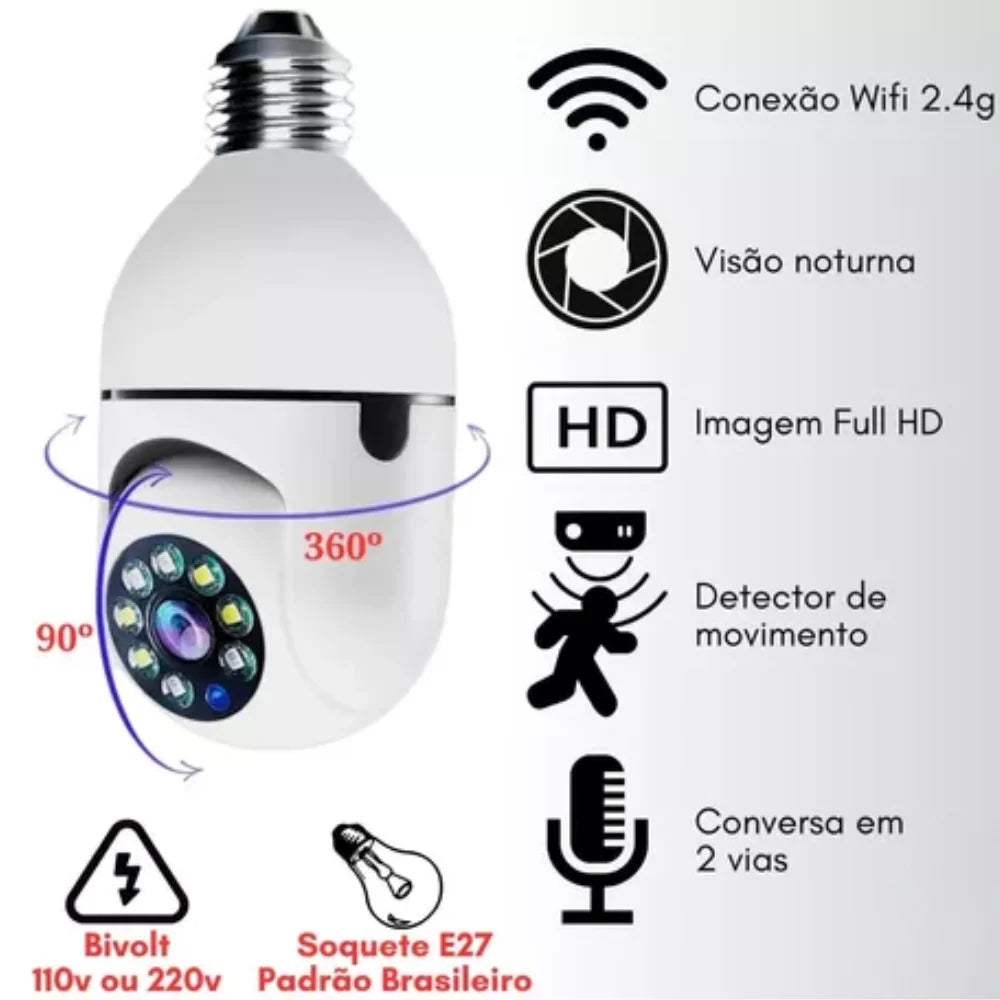 Câmera de Segurança Wi-Fi em Formato de Lâmpada com Visão Noturna