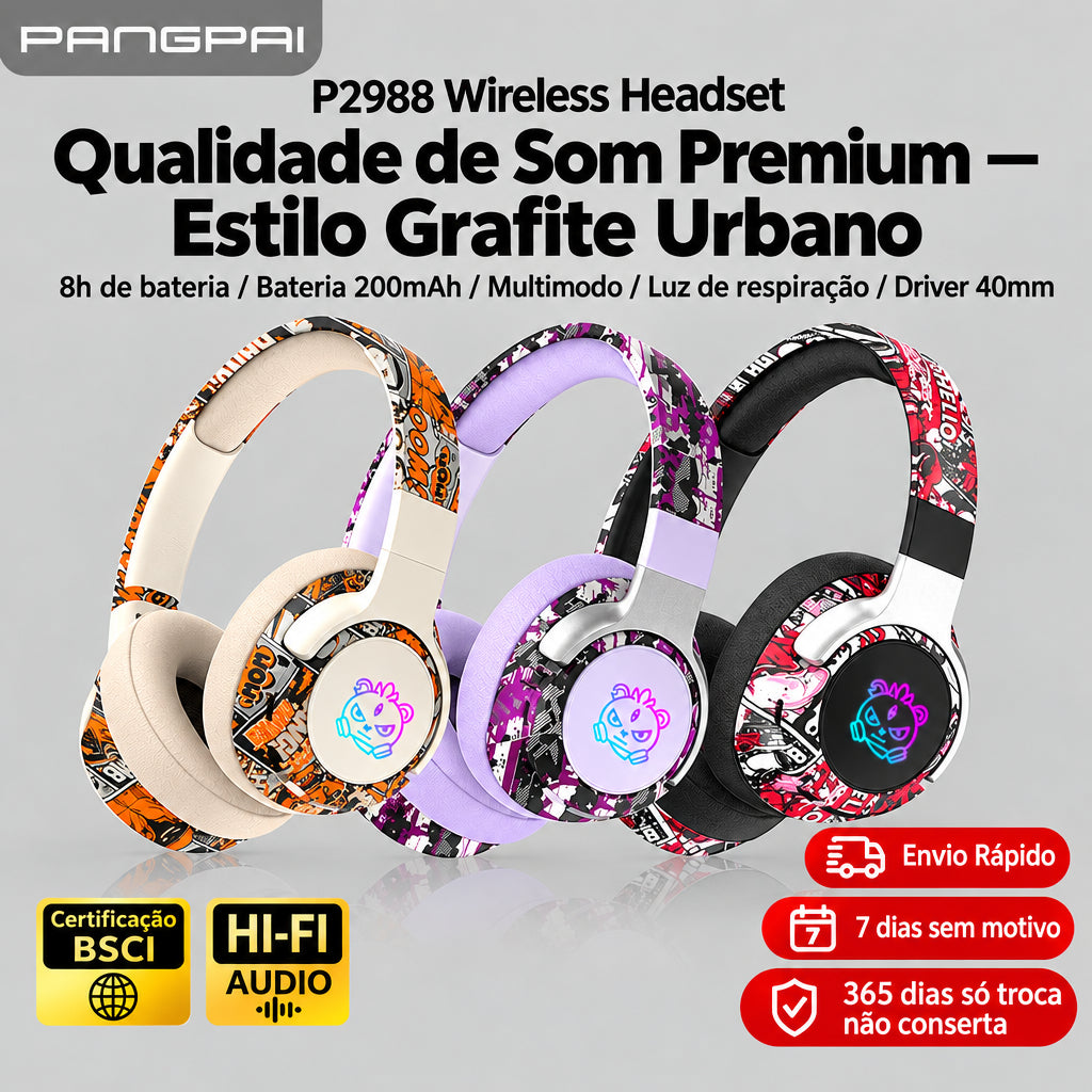 Fone Bluetooth Over-Ear com LED e Estampa Graffiti 3D — Sem Costura