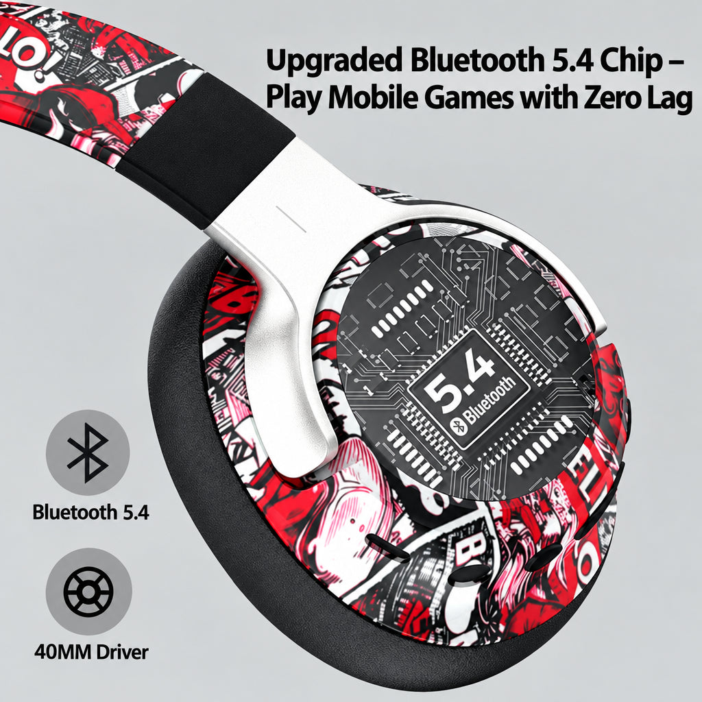 Fone Bluetooth Over-Ear com LED e Estampa Graffiti 3D — Sem Costura