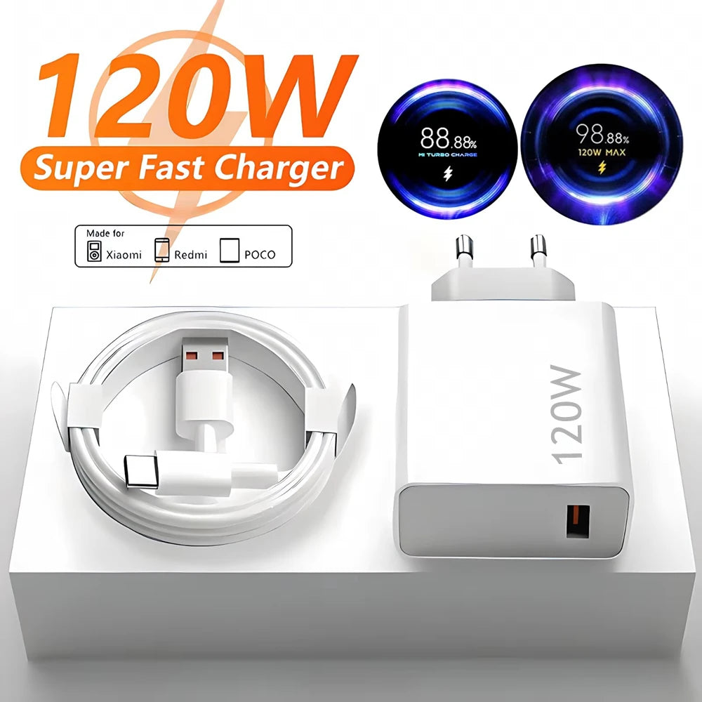 Carregador Turbo 120W EU para Xiaomi Redmi POCO + Cabo USB-C 6A