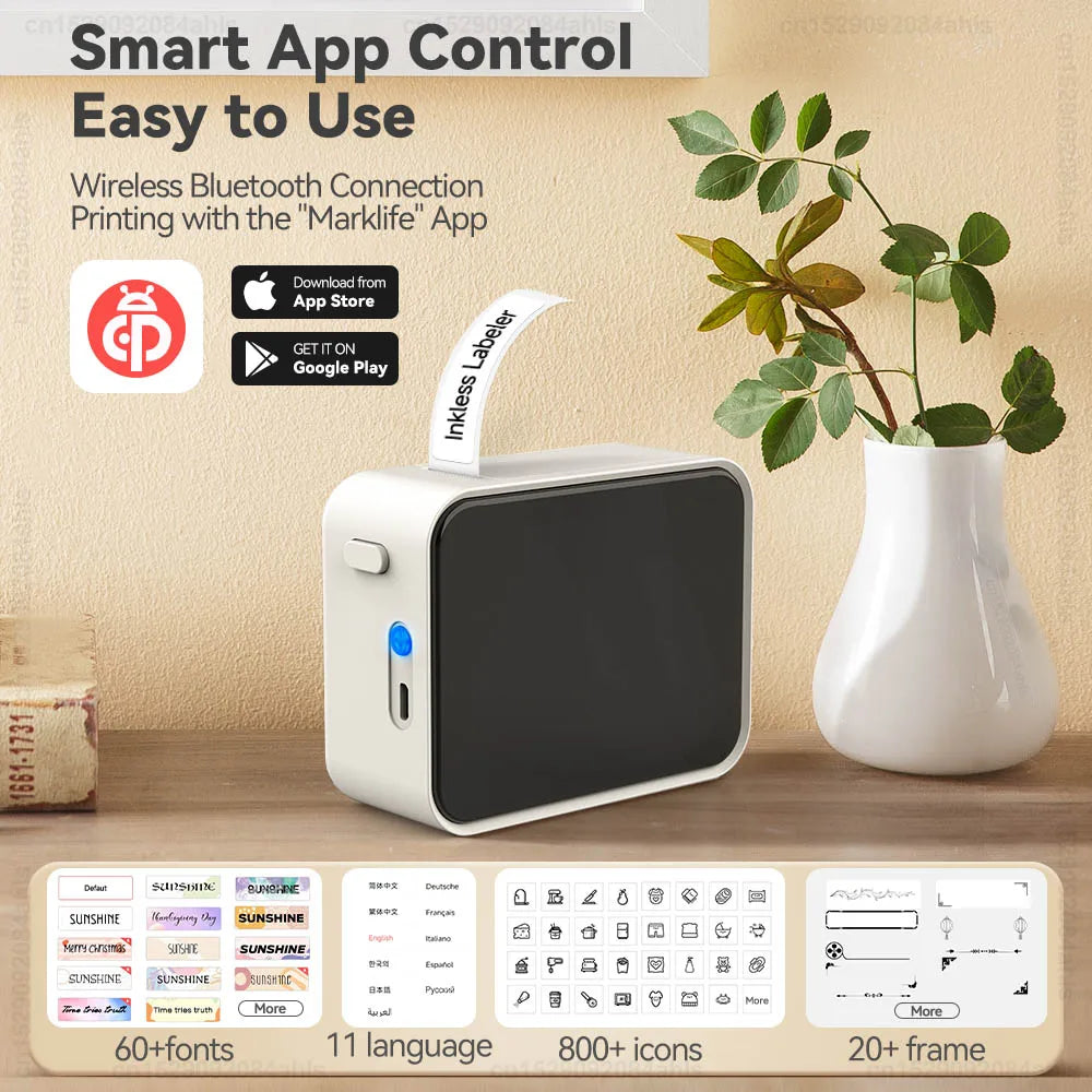 Mini Impressora de Etiquetas Marklife P15 — Bluetooth Sem Tinta para Celular