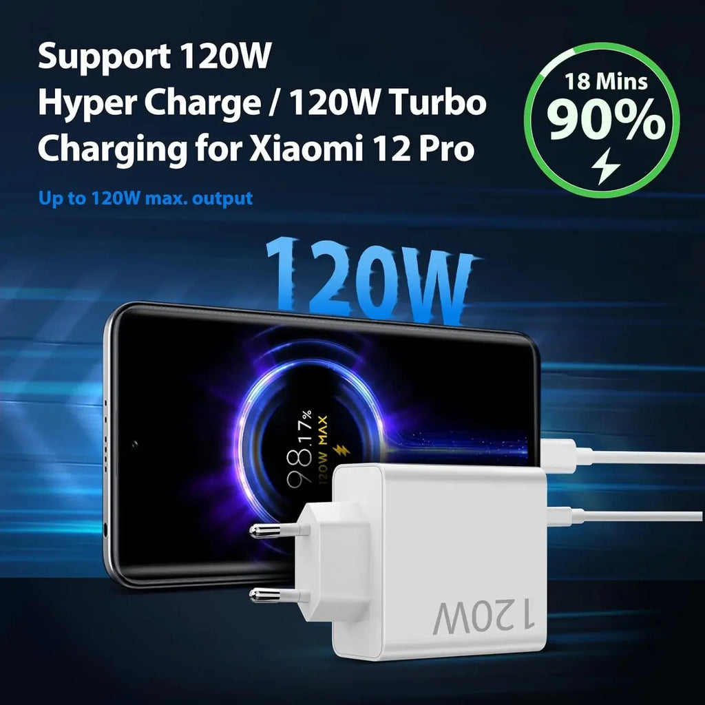 Carregador Turbo 120W EU para Xiaomi Redmi POCO + Cabo USB-C 6A