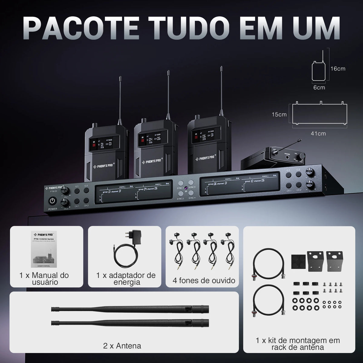 Monitor In-ear Sem Fio Phenyx Pro PTM-33 — 4 Canais Mono com Rack Mount para Palco