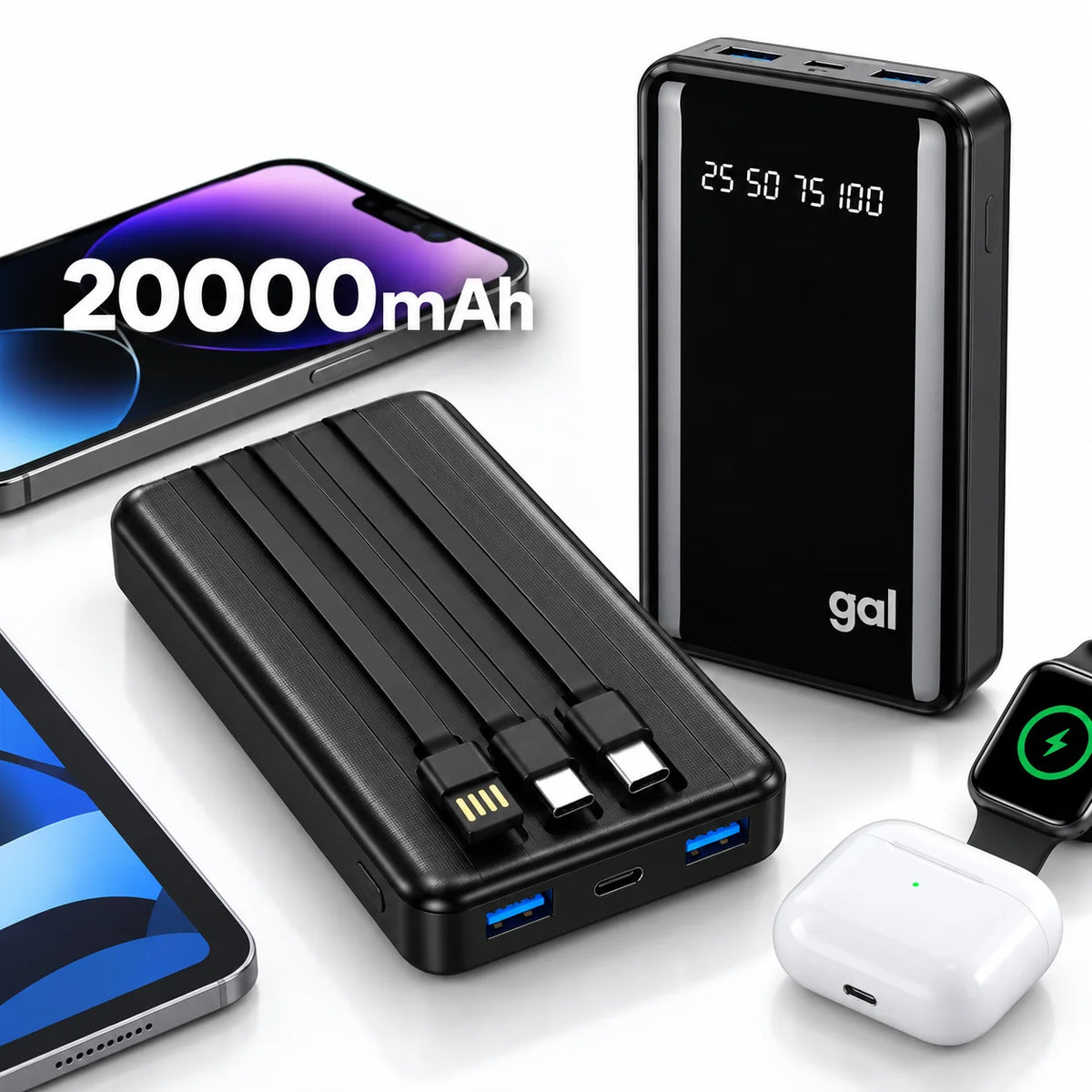 Powerbank 20000mAh com Lanterna LED — Carregador Portátil Design Favo de Mel