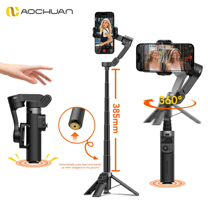 Gimbal Estabilizador AOCHUAN Smart X3 — 3 Eixos Anti-Vibração com Bastão Telescópico para Smartphone