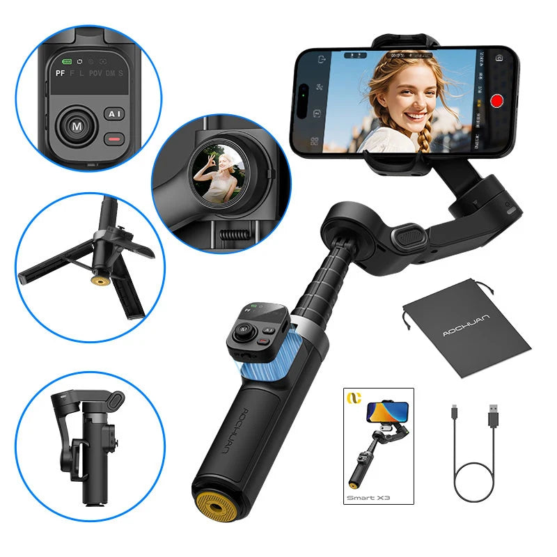 Gimbal Estabilizador AOCHUAN Smart X3 — 3 Eixos Anti-Vibração com Bastão Telescópico para Smartphone