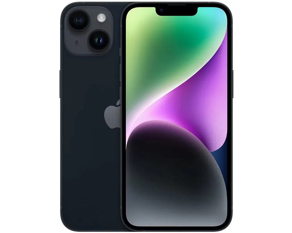 iPhone 14 preto meia-noite - frente e verso
