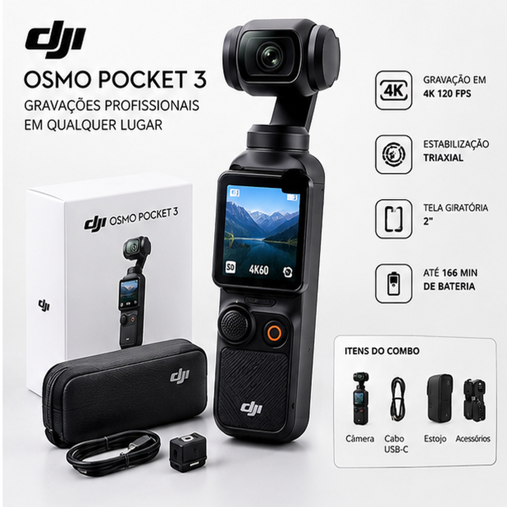Câmera DJI Osmo Pocket 3 4K com gimbal e acessórios