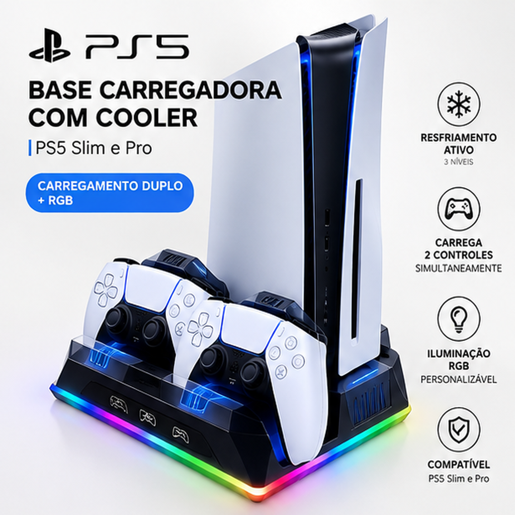 Base carregadora para PS5 Slim e Pro com cooler e iluminação RGB