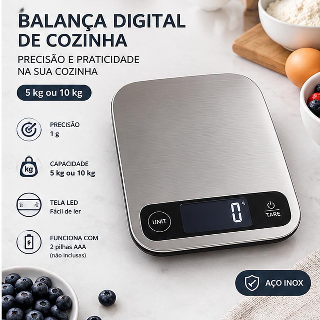 Balança digital de cozinha em aço inox com precisão indicada de 1 g